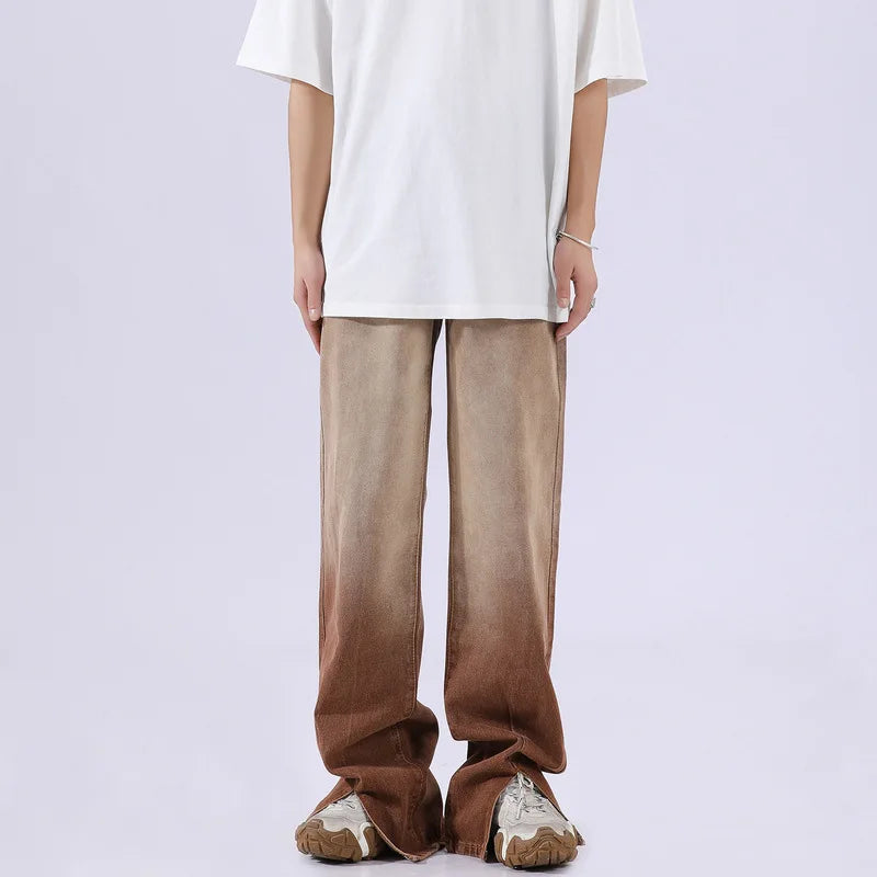 rainbowtouches mens washed jeans vintage high street gradient fashion trends zipper jeans loose straight long pant casual pants unique jeans style 3503