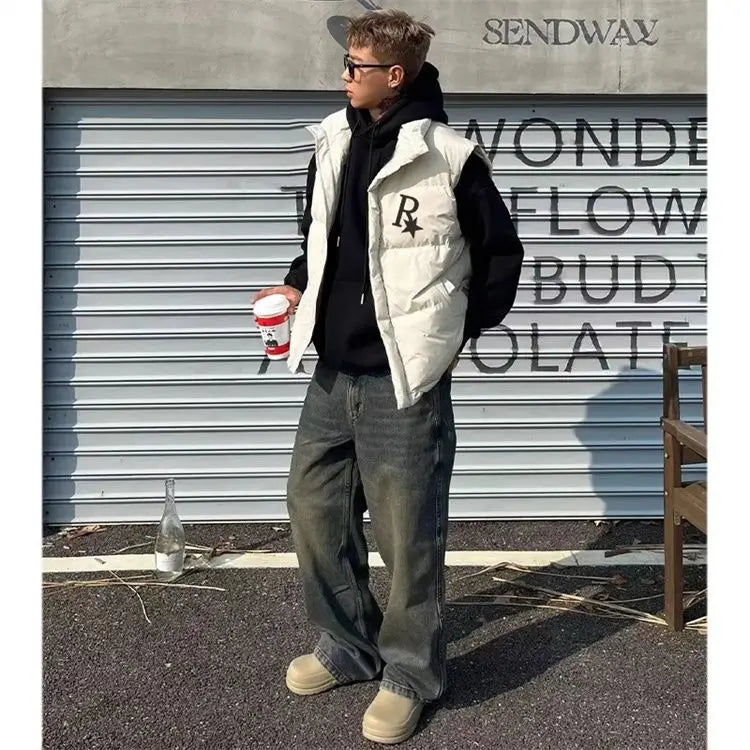 2024 Winter Korean Printed Stand Collar Vest Cotton Jacket New Ins American Street Casual Personality