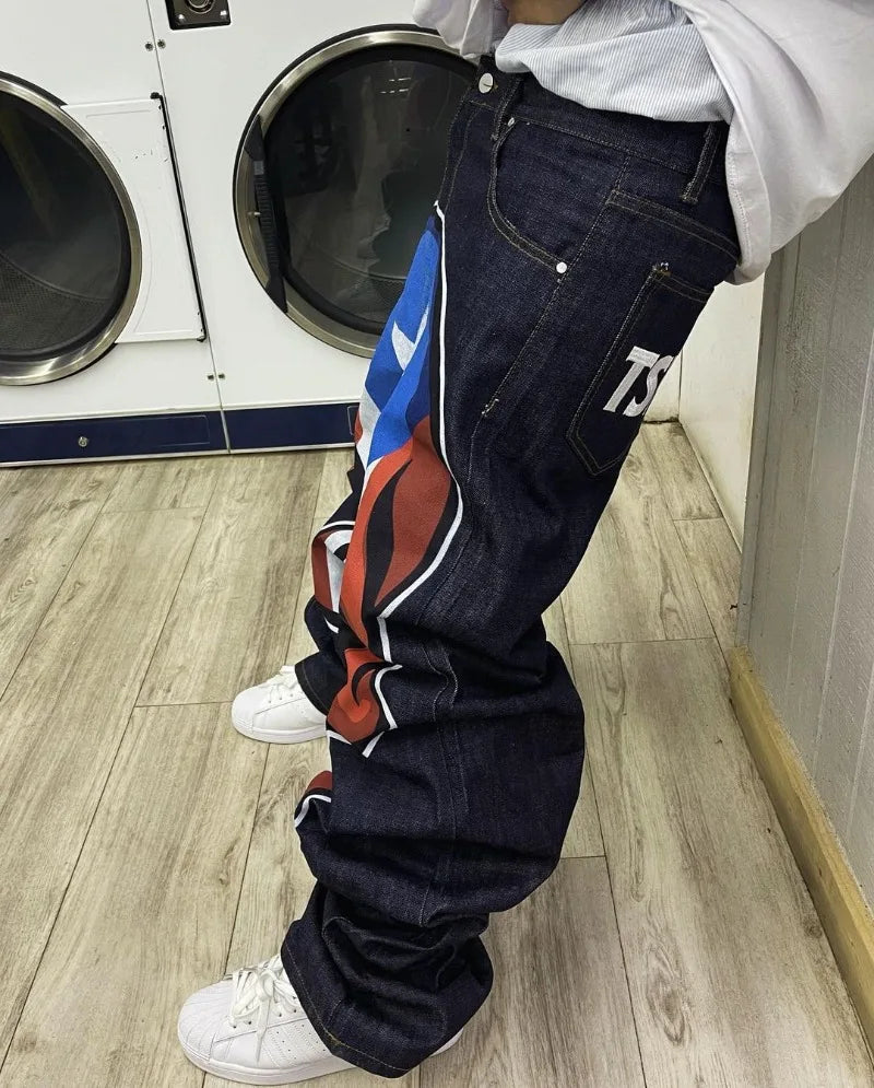 european and american high street high waist washed jeans men y2k cartoon print hip hop rock oversized wide leg pants women unique jeans style 3766