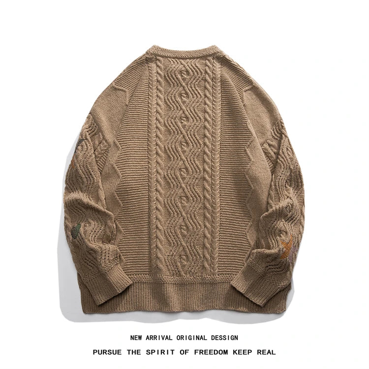 grunge knit sweater with heavyweight fabric, layered urban look for cold weather, street fashion menswear trend for seasonal 