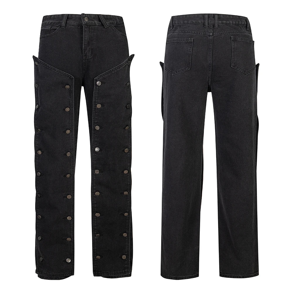 detachable button black washed baggy jeans for men straight harajuku ropa hombre loose denim trousers oversized cargo pants multi-pocket cargos