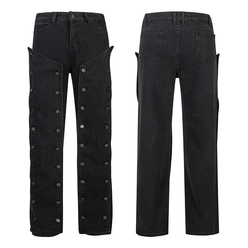 detachable button black washed baggy jeans for men straight harajuku ropa hombre loose denim trousers oversized cargo pants multi-pocket cargos