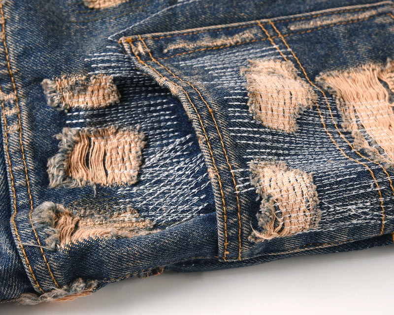 high street hole distressed ripped straight baggy jeans for men washed patchwork casual cargo pants oversized denim trousers unique cargo style 2877