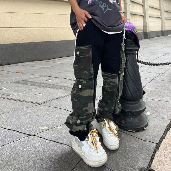 street wear camouflage patchwork cargo flared jeans harajuku unisex functional side multiple pockets camou jeans pants baggy utility cargo pants