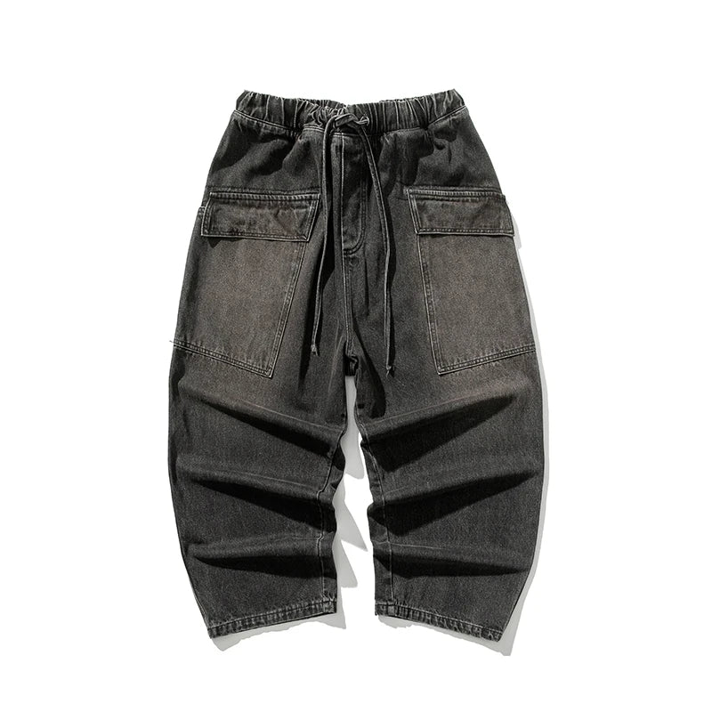 large size jeans basic denim pants solid color mens casual wide leg pants waist elastic hip hop baggy man trousers denim street jeans