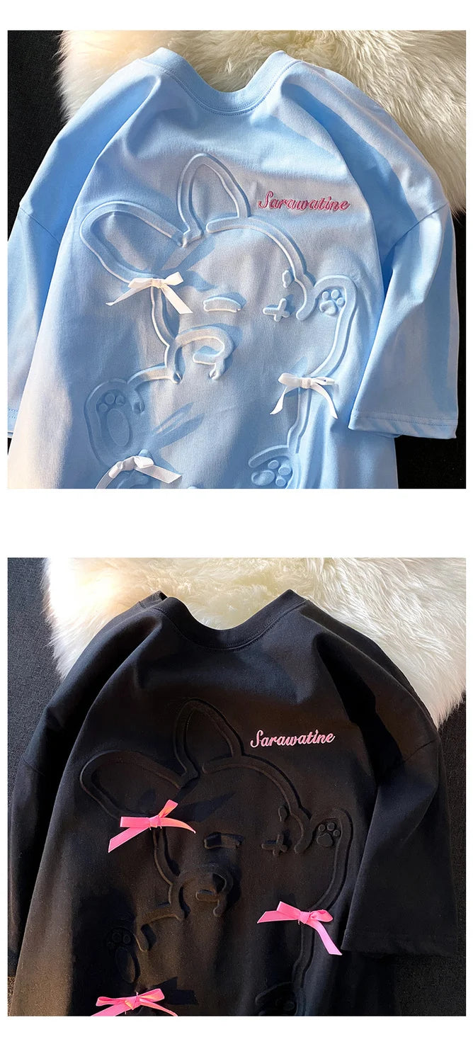 Skatercore Top – 3D Embossed Rabbit Cartoon T Shirts Students Girls Kawaii Te – Modern Streetwear for Everyone