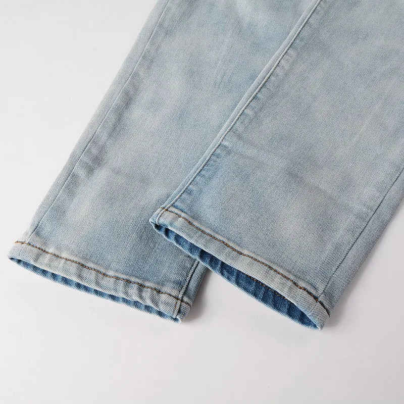 american style high street light blue ripped jeans mens pic slim fit stretch ripped skinny pants unique jeans style 1991