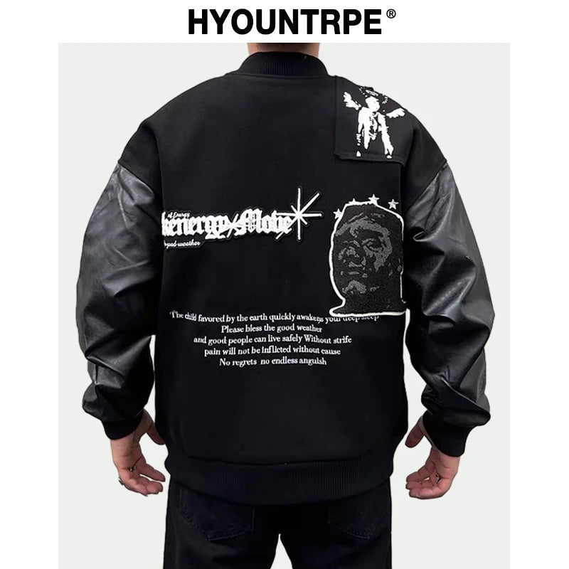Men Streetwear Jacket Patchwork Baseball Bomber Jackets Coats Hip Hop Harajuku Motorcycle Oversized Outerwear black streetwea - variant style 9abc60 for streetwear fashion