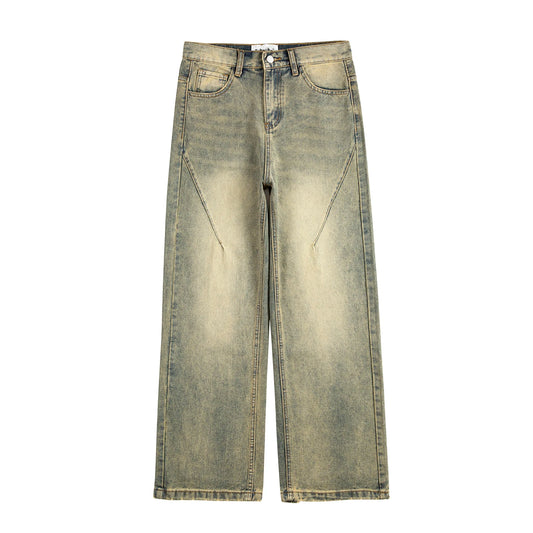 vintage oversized split deconstructed wide jeans for men yellow mud dyed washed distressed wide leg jeans cat whisker denim pant urban skinny jeans