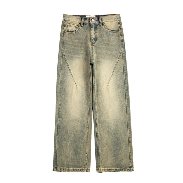 vintage oversized split deconstructed wide jeans for men yellow mud dyed washed distressed wide leg jeans cat whisker denim pant urban skinny jeans