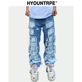 fashion destroyed ripped tassel holes denim jean pants mens casual loose straight baggy y2k jeans hip hop streetwear joggers sporty tapered joggers