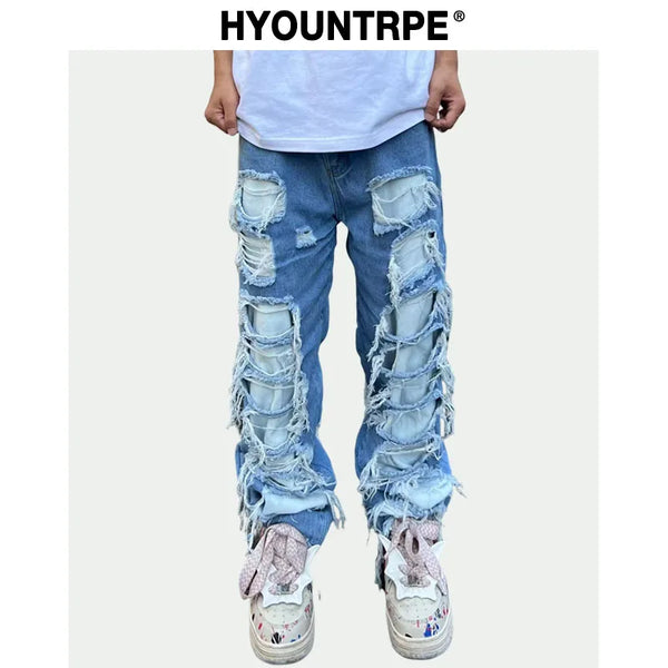 fashion destroyed ripped tassel holes denim jean pants mens casual loose straight baggy y2k jeans hip hop streetwear joggers sporty tapered joggers