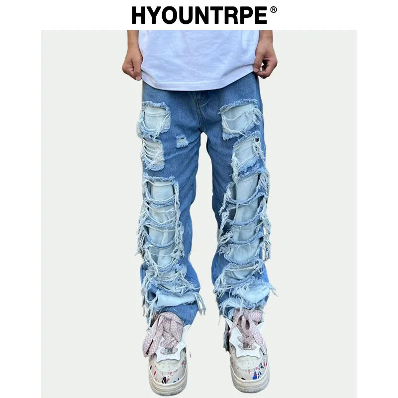 fashion destroyed ripped tassel holes denim jean pants mens casual loose straight baggy y2k jeans hip hop streetwear joggers sporty tapered joggers