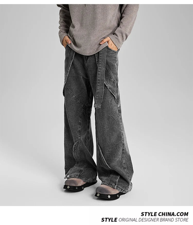 american high street vibe fashion splice jeans mens belt loose casual vintage wide leg straight denim baggy jeans pants trouser unique jeans style 1460