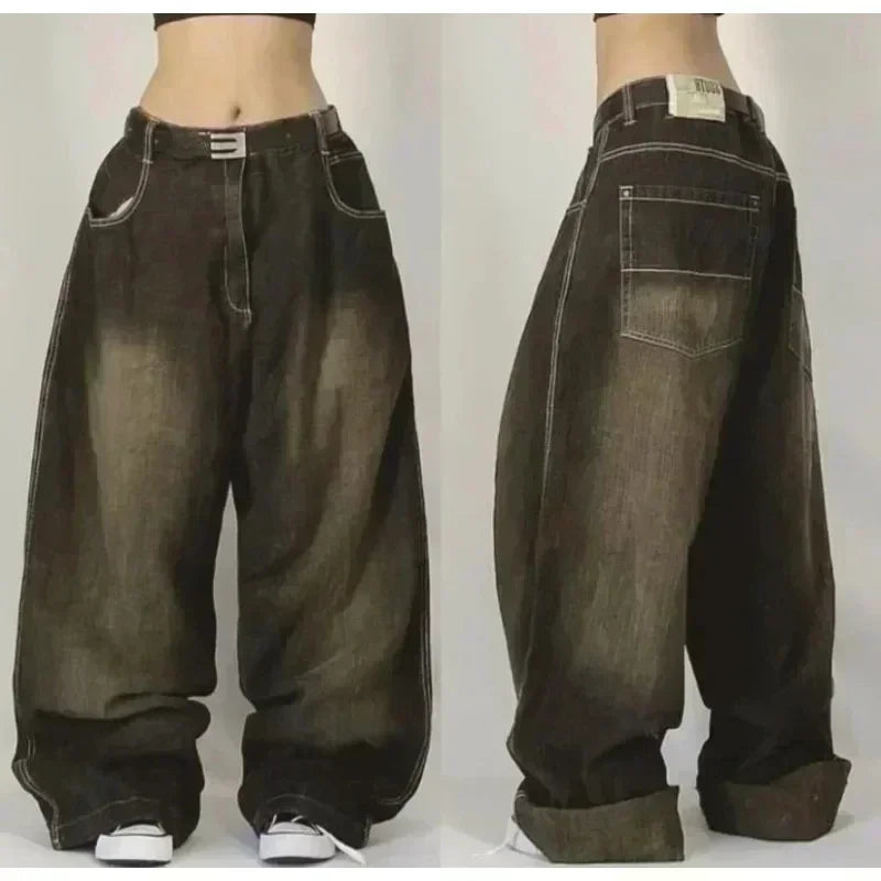 american y2k new fashion pattern embroidered spot straight jeans men street hip hop retro loose wide leg pants couple punk jeans unique jeans style 2939