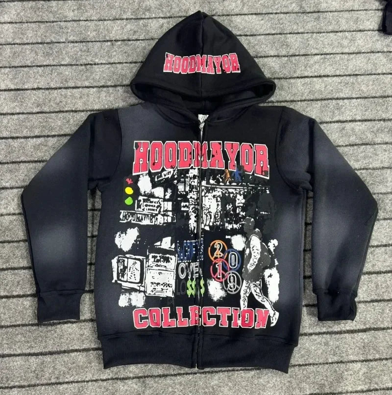 American Gothic Fashion Letter Pattern Print Oversized Hoodie Mens Y2K