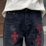 men embroidery streetwear brand fashion hip hop loose casual straight motorcycle denim jeans pant cityboy y2k jeans trousers vintage washed jeans