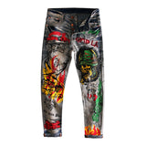 skull graffiti printed ripped denim jeans hip hop distressed biker jeans fashion streetwear slim pants joggers y2k men s jeans unique joggers style 305