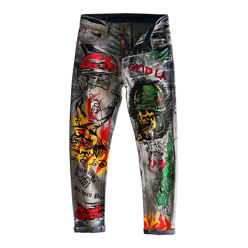 skull graffiti printed ripped denim jeans hip hop distressed biker jeans fashion streetwear slim pants joggers y2k men s jeans unique joggers style 301