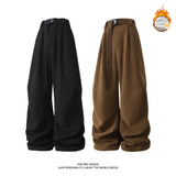 winter mens wide leg straight sweatpants korean fashion warm fleece track pants male casual thermal trousers with long belt streetwear sweatpants