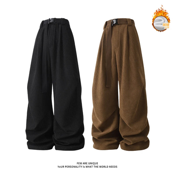 winter mens wide leg straight sweatpants korean fashion warm fleece track pants male casual thermal trousers with long belt streetwear sweatpants