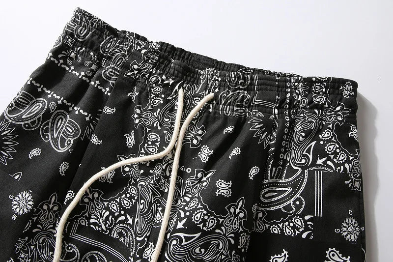 Mens Paisley Printed Shorts Hip Hop Loose Elastic Waist Sweat Shorts Casual Harajuku Drawstring Streetwear Sportswear Joggers