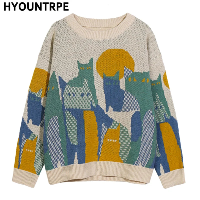 mens streetwear sweater retro vintage cats pattern hip hop knitted sweater pullover 2023 casual cotton sweater unisex clothes - graphic printed hoodie for men and women, unisex casual winter pullover, bold artwork streetwear hoodie