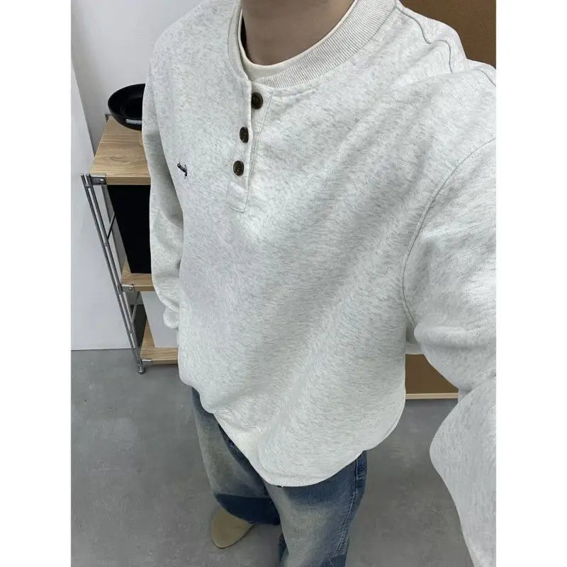 Trendy Korean Retro Ins Simple Boyish Henry Collar Sweatshirt Men and Women Street Niche Y2K Loose Casual Long-sleeved Top