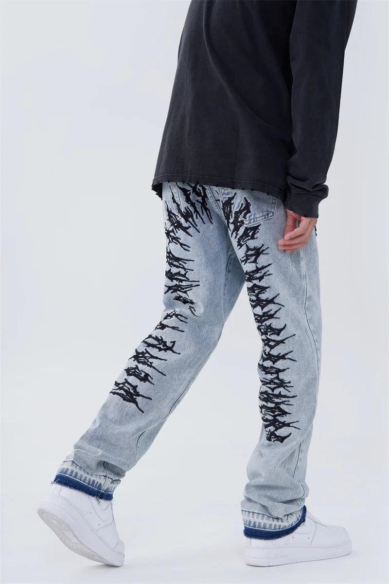 fashion back letters embroidery denim jeans mens casual zipper straight harajuku jean trouser hip hop streetwear pants joggers unique joggers style 5471