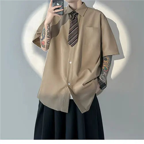 Korean style brown tie shirt men short-sleeved summer Hong Kong style y2k retro drape high-end men shirt casual versatile top
