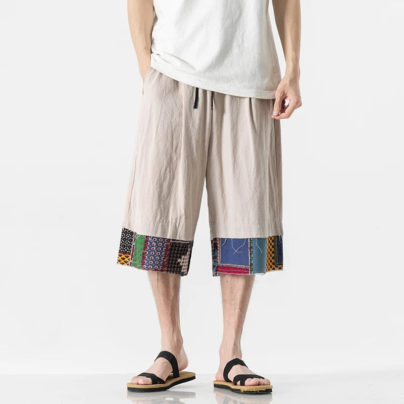 mens summer thin linen shorts loose straight mens pants japanese patchwork wind over the knee beach pants unique shorts style 3246
