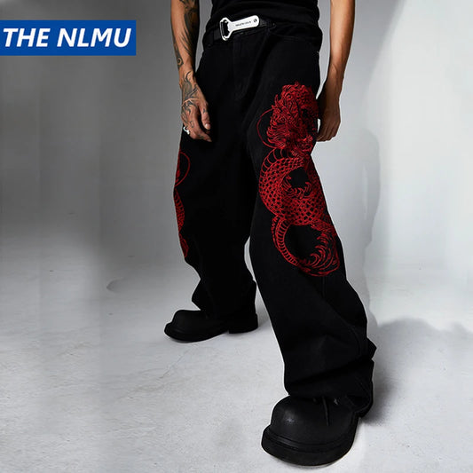mens black baggy jeans dragon embroidered straight jeans streetwear hip hop loose trousers male luxury designer denim pants 1 denim street jeans