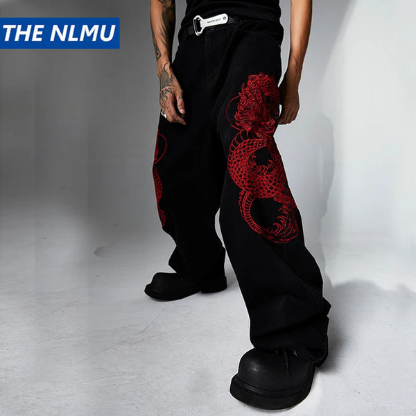 mens black baggy jeans dragon embroidered straight jeans streetwear hip hop loose trousers male luxury designer denim pants 1 denim street jeans