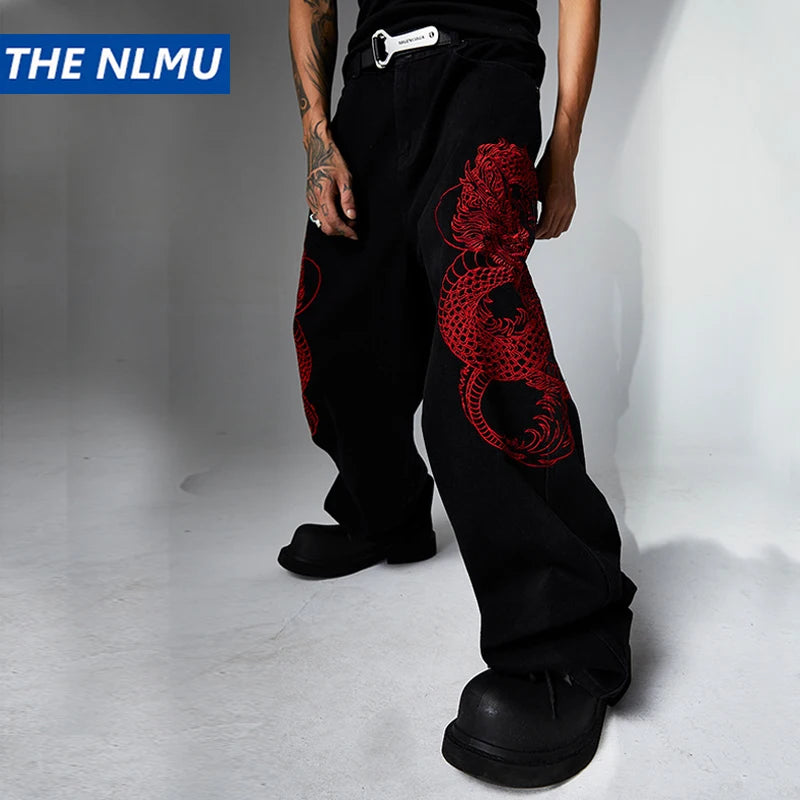 mens black baggy jeans dragon embroidered straight jeans streetwear hip hop loose trousers male luxury designer denim pants 1 denim street jeans