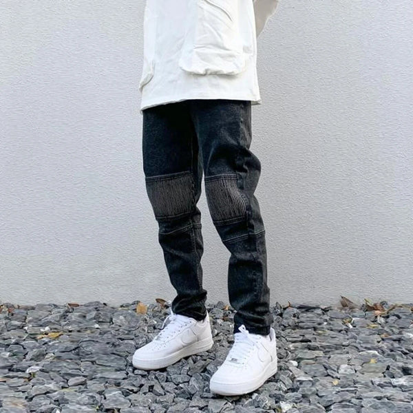 high street white knee pleated vertical stripe elastic fit skinny jeans male casual small leg jeans pants slim mens clothing urban skinny jeans