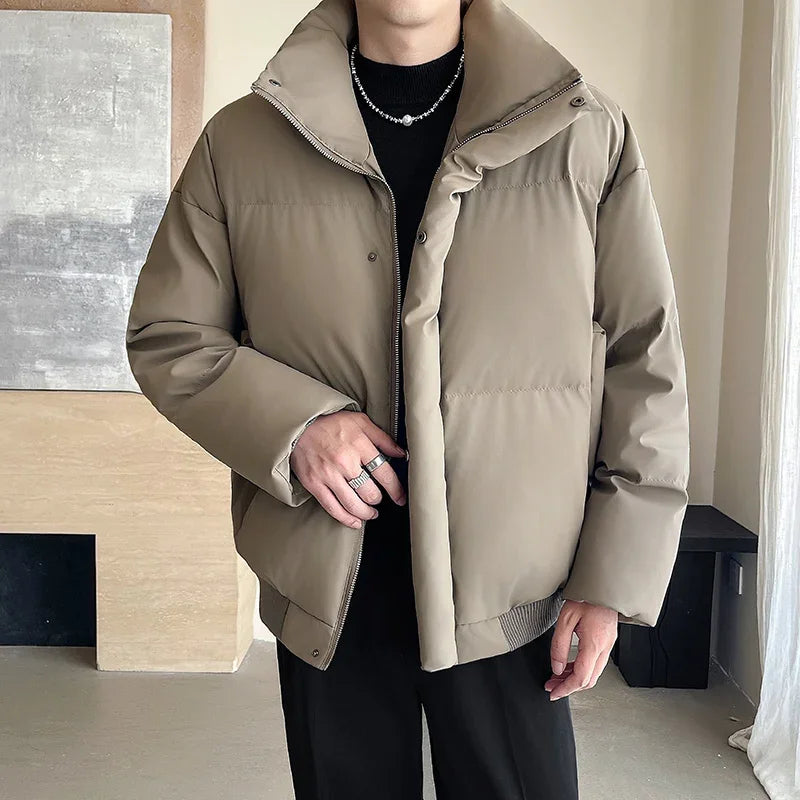 Winter Stand Collar Thicken Leather Short Jacket Men Fashion Loose Casual Warm Cotton-padded PU Leather Bomber Jacket Parka Coat