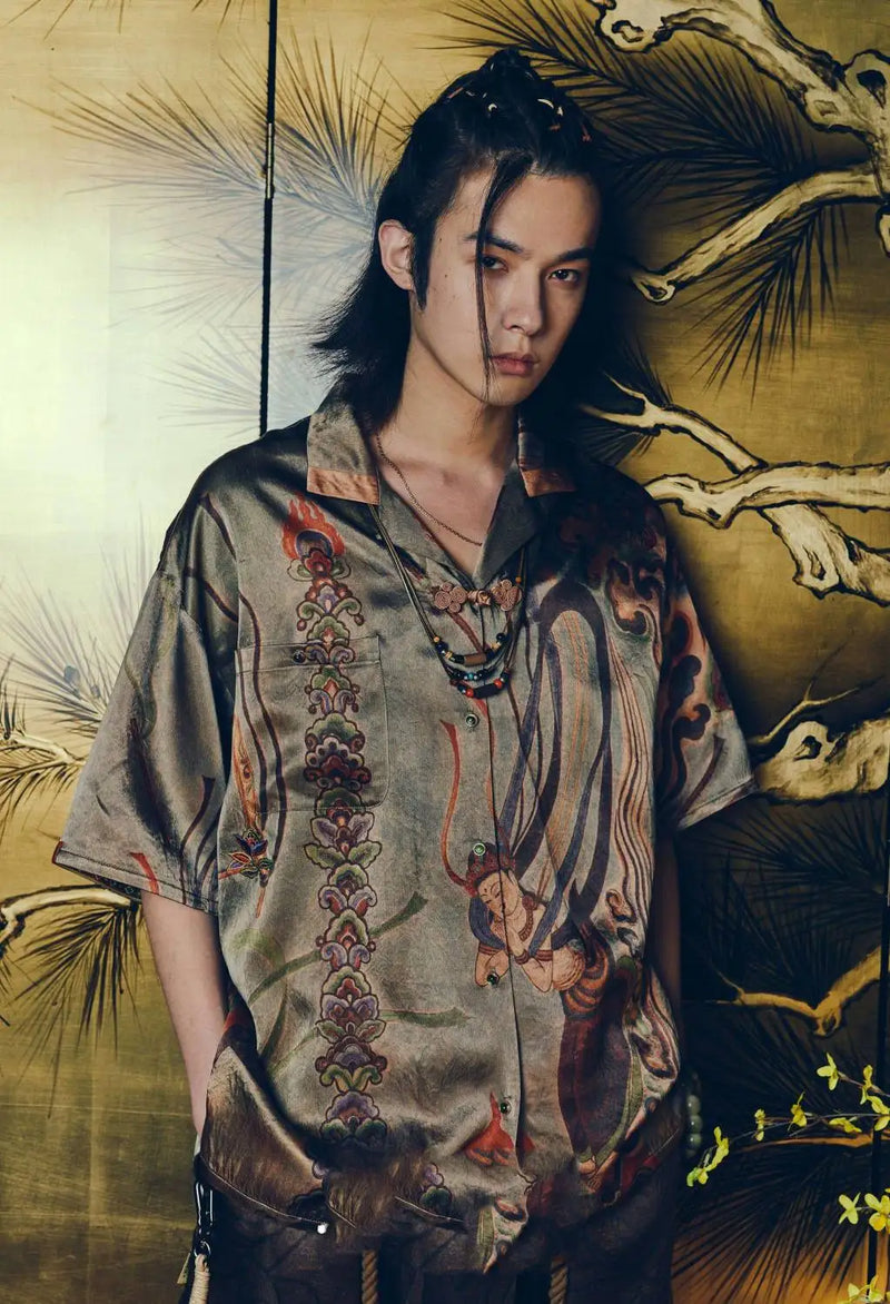 Dunhuang Feitian new Chinese style national trend printed casual short-sleeved shirt 2024 young men and women trendy retro tops