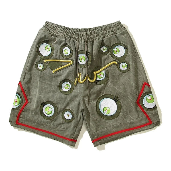 Japanese Eyes Embroidery Washed Military Green Worn Canvas Shorts for Men Summer Pockets Baggy Cargo Short Oversized