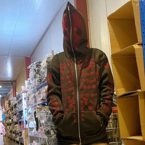 Hoodie Men Rhinestone Skeleton Zip Up Hoodie Oversized Sweatshirts Y2K