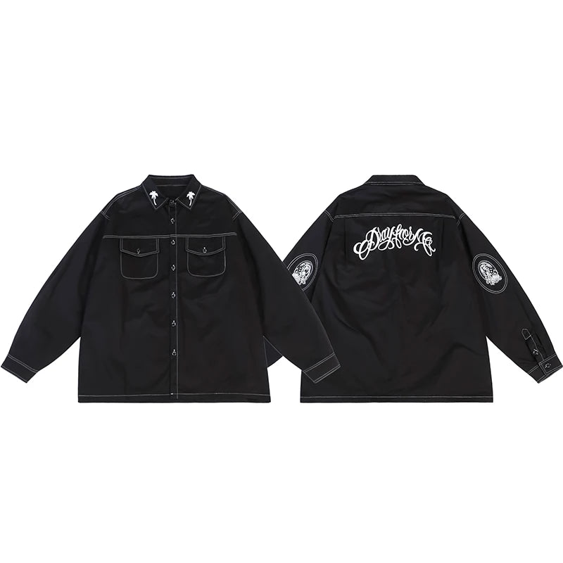 Hip Hop Shirts Harajuku Letter Printed New Casual Long Sleeve Single Breasted Shirts for Men High Street Loose Tops Cargo Shirt