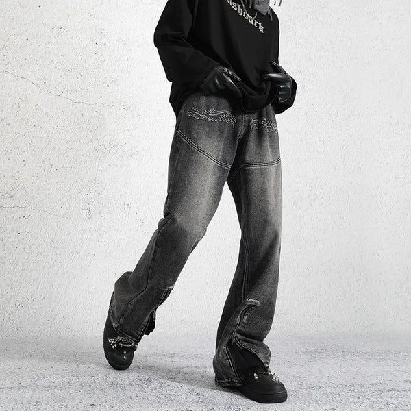 2023 dark streetwear totem embroidery vintage baggy men jeans pants feet zipper straight hip hop punk denim trousers ropa hombre stacked flare jeans