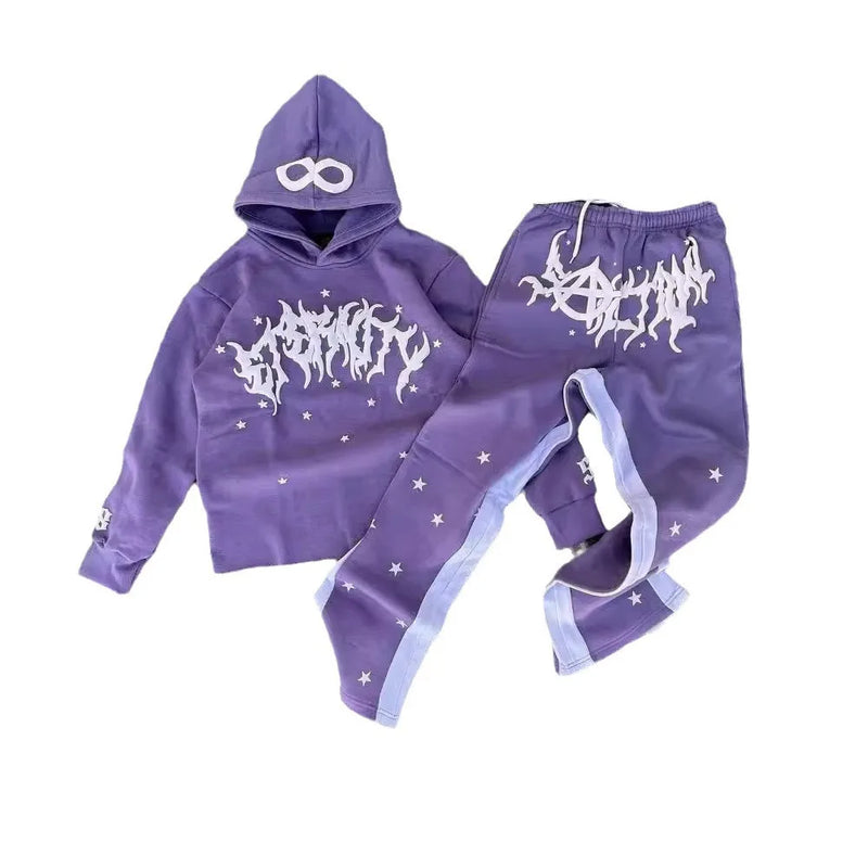 2024 y2k long sleeved foam printed pullover hoodie sweatshirt and pants two piece streetwear trendy wear dark vintage casual urban fashion pants