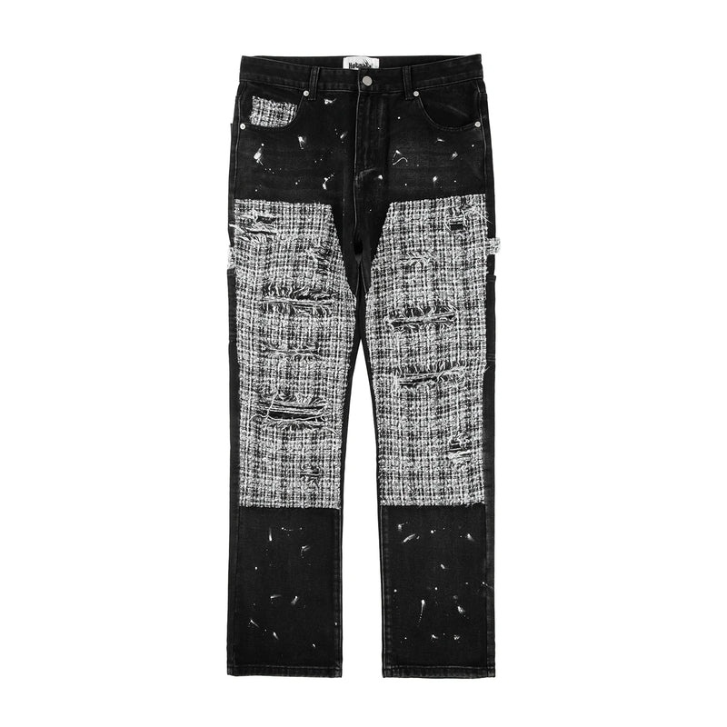 black white checkered patchwork straight leg denim trousers men hip hop splashed ink logging pants jeans slim fit washed torn denim street jeans