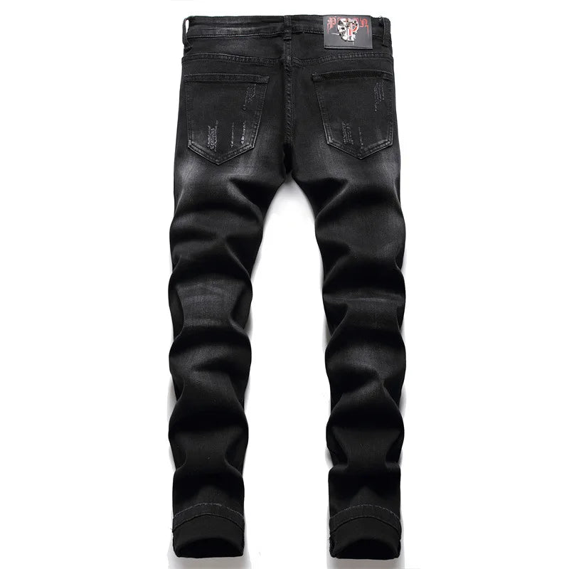 skull embroidery jeans ripped holes denim pants men zipper biker jeans streetwear slim fit y2k punk hip hop casual pants joggers unique joggers style 4166
