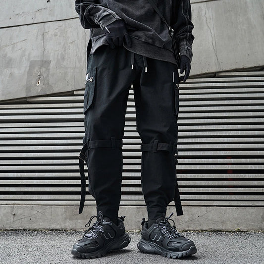 hip hop loose fit elastic waist cargo pants side big pocket ankle pants with belt mens drewstring military sweatpants joggers urban active pants