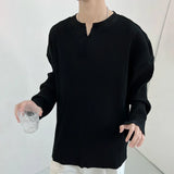 Y2k Graphic tee – Mens V Neck Pleated Long Sleeved T Shirt Autumn Trend Loose