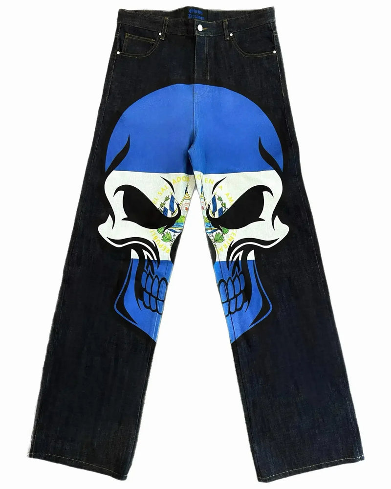 harajuku retro y2k pants gothic skateboard jeans skull denim print loose slouchy jeans men women pants streetwear hip hop jeans unique jeans style 4127