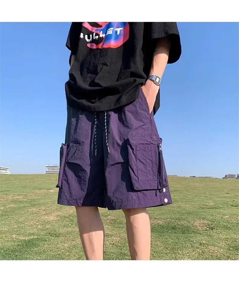summer casual purple cargo shorts men high street drawstring pocket baggy short sweatpants y2k hip hop bermudas homme shorts unique joggers style 170