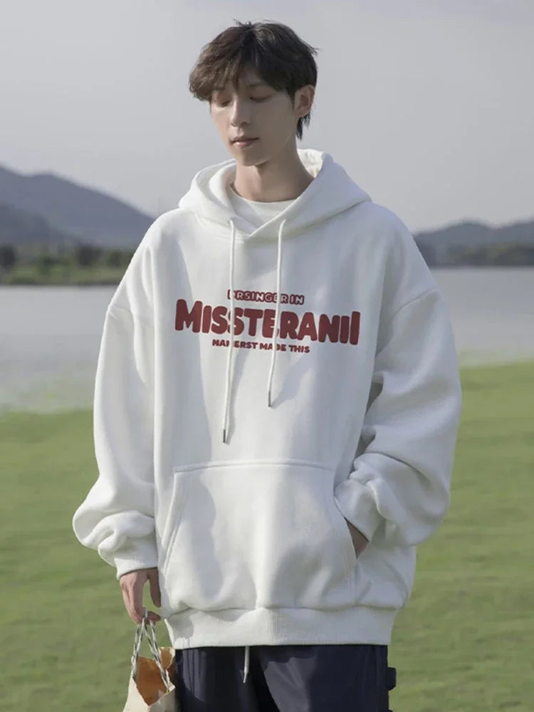 American Retro Casual Hoodies For Men Letter Printed Loose Fit Hooded