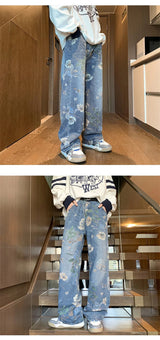american high street floral printed jeans for men 2024 new y2k vintage denim trousers hip hop fashion wide leg baggy jean pants unique jeans style 425